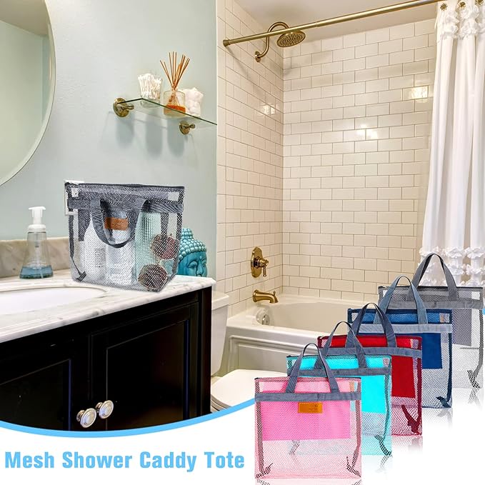 Tudomro 5 Pcs Mesh Shower Bag Caddy Tote Portable Quick Dry Tote Bag Lightweight Hanging Toiletry Bath Organizer for College Dorms Gym Swimming Beach Travel Games Sports (Gray Handle)