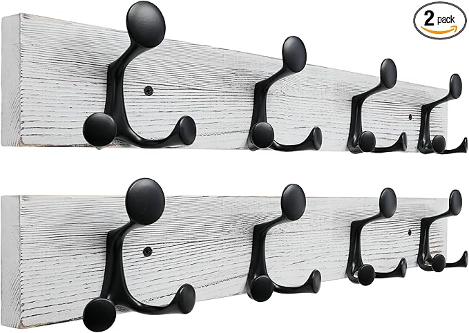 SKOLOO 24-Inch Wood Coat Rack Wall Mount with 4 Triple Hooks - Ideal for Family Entrances, Classrooms, and Pet Supplies Storage - Perfect Coat Hooks for Wall,Distressed White Wash, Pack of 2