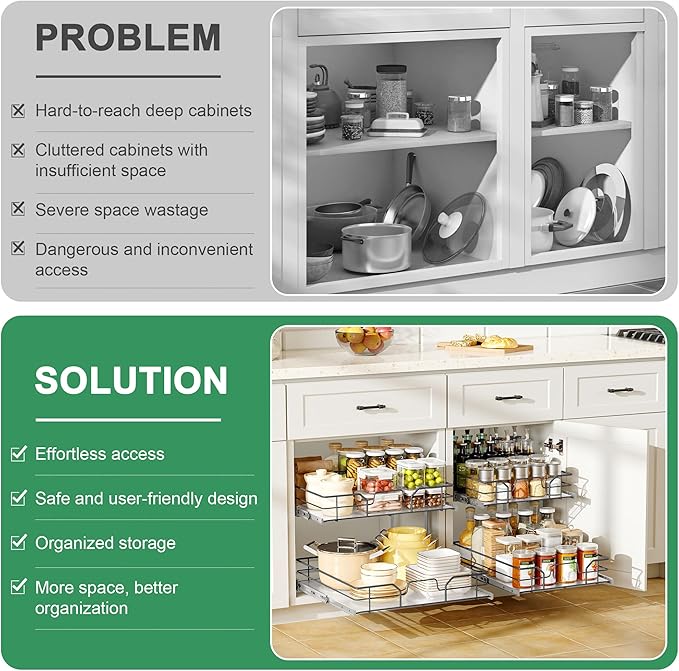 2-Tier Pull Out Cabinet Organizer (23" W x 22" D), Soft Close Cabinet Slide Out Shelves, Heavy Duty Slide Out Drawers with Shelf Liner for Kitchen Cabinets, Pantry Storage, Bathroom
