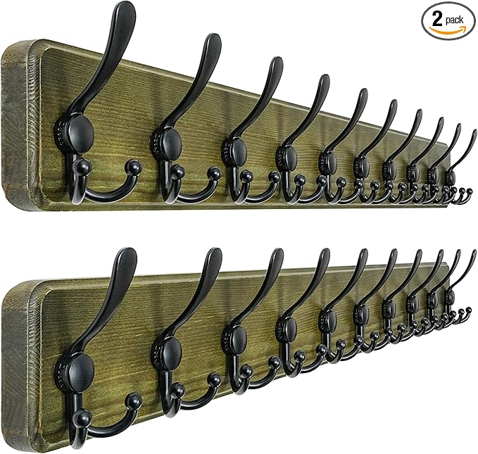 Dseap Coat Rack Wall - Heavy-Duty 38-1/4" Long, with Reinforced 10 Custom Tri-Hooks, Solid Wood Wall Hanger for Coats Hat Jackets - Rustic Farmhouse Entryway Storage,Weathered Green & Black,Pack of 2