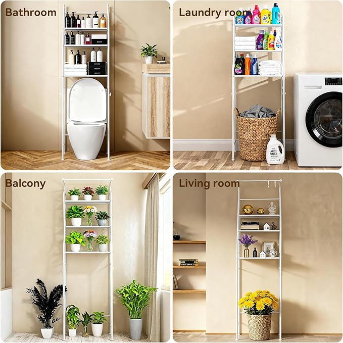 3-Tier Over The Toilet Rack,Bathroom Shelf Space Saver,Corner Stand Storage Organizer Accessories,The Over The Toilet Storage,with Hanging Rod,Tower Shelf,White(White-fcksj, one Size)