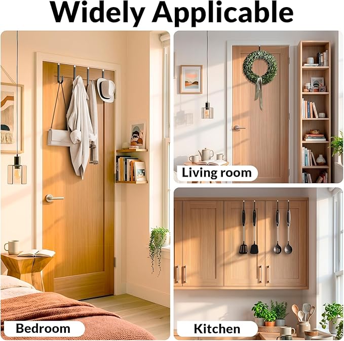 4 Pack Door Hooks for Hanging Clothes & Towels, Heavy Duty Over The Door Organizer Rack for Purses, Hats, Fits Most Standard Interior Doors (Up to 1.4")