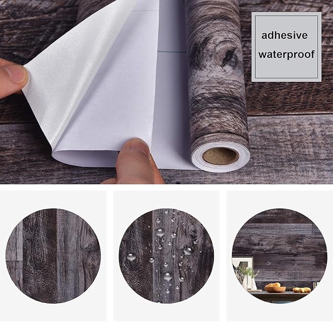 WENMER 17.71" x 118.1" Grey Wood Peel and Stick Shiplap Self-Adhesive Wallpaper Planks for Countertop, Cabinet, Shelf, Wall, Door