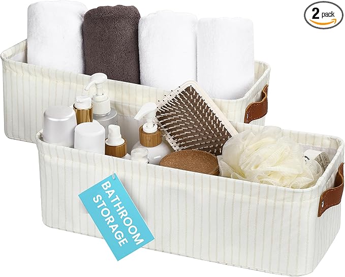 OrganiHaus 15x6in Canvas Storage Baskets 2 Pack | NARROW Fabric Bins for Shelves | Bathroom & Toilet Paper Organizer | White Striped Brown