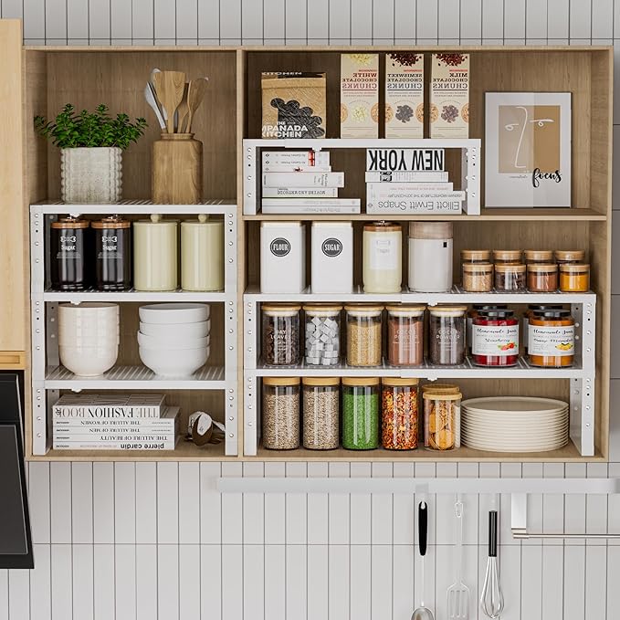 Metal Stackable Expandable Storage Rack, Adjustable Under Sink Shelf & Countertop Space Saving, Heavy-Duty Pantry Storage, Suitable for Kitchens, RV, Bathrooms, Workshops or Offices