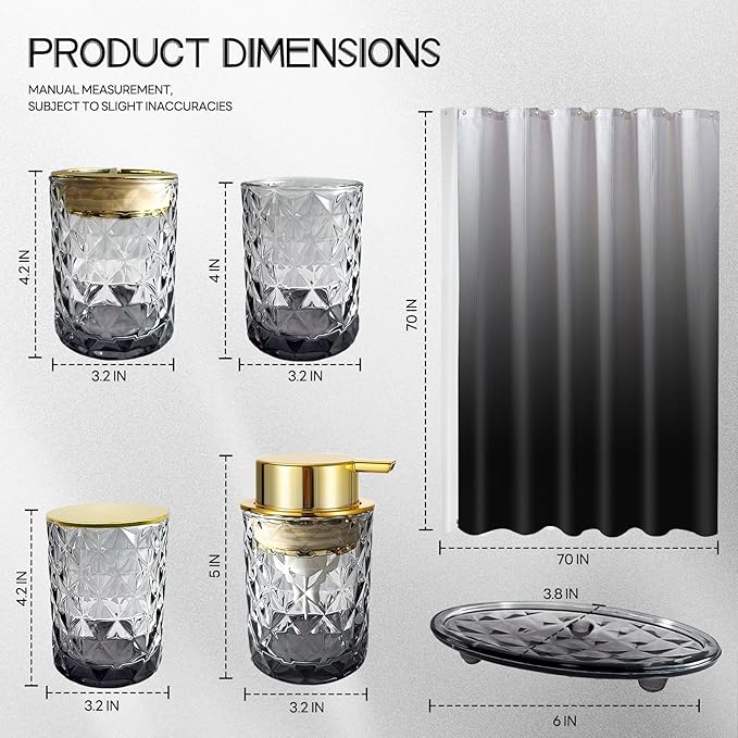 Black Glass Bathroom Accessories Set with Shower Curtain and Liner, 7-Piece Bathroom Decor Set, Soap Dispenser, Toothbrush Holder, Soap Dish, Vanity Tray, Complete Bathroom Makeover Set