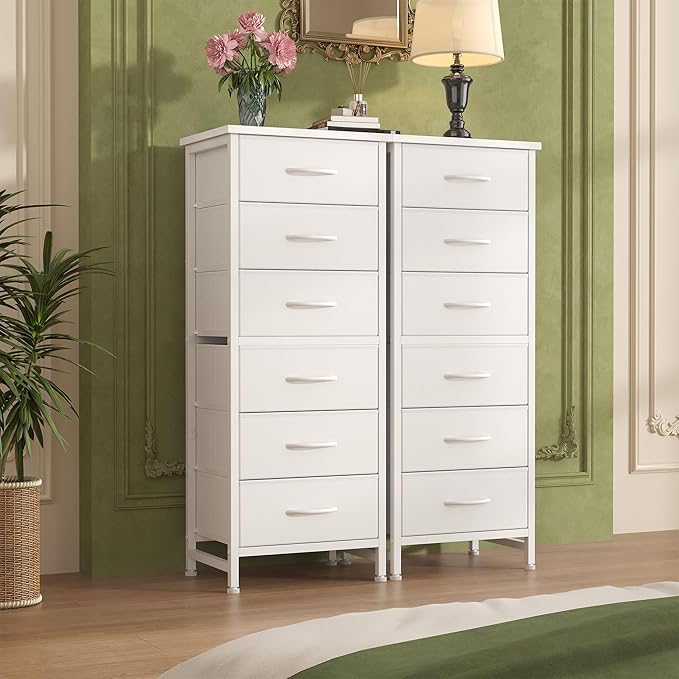 Sweetcrispy Tall Fabric Dresser for Bedroom, 6 Drawer Skinny Chest of Drawers, Narrow Storage Tower with Wood Top and Metal Frame, Vertical Nightstand for Closet, Bedroom Organization Furniture, White