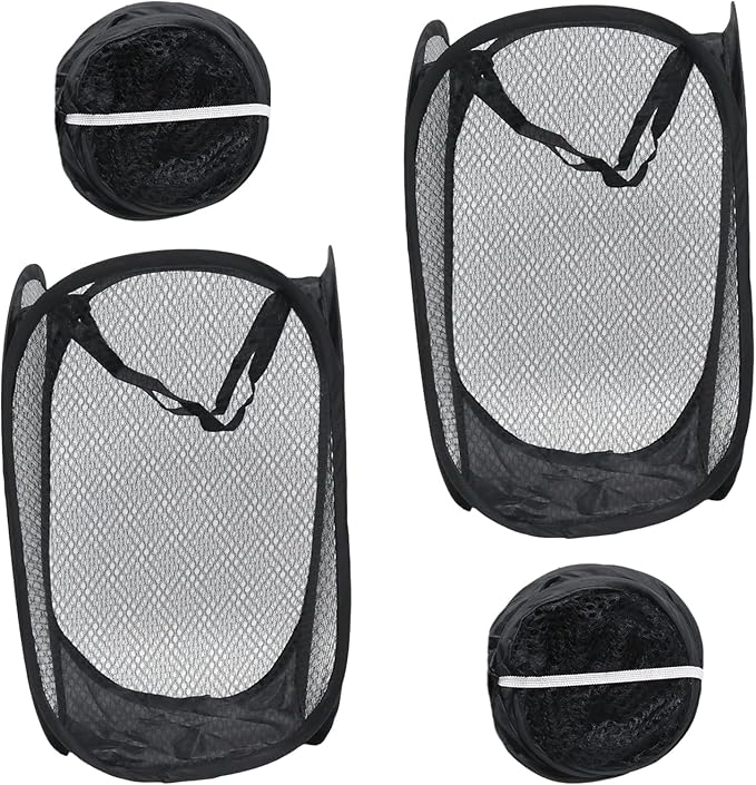 2Pcs Small Laundry Hampers, Folding Popup Mesh Laundry Basket, Collapsible Dirty Clothes Hamper, Portable Mesh Popup Hamper, Ideal for Bedroom, Travel and Home Use (2 Black)