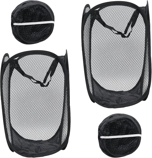 2Pcs Small Laundry Hampers, Folding Popup Mesh Laundry Basket, Collapsible Dirty Clothes Hamper, Portable Mesh Popup Hamper, Ideal for Bedroom, Travel and Home Use (2 Black)