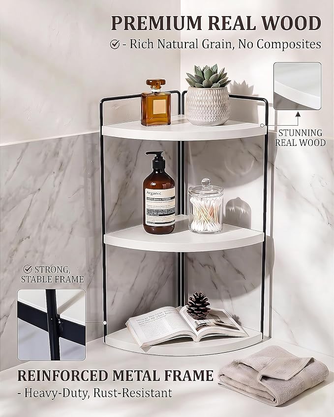 3-Tier Corner Bathroom Countertop Organizer, Solid Pine Wood Vanity Corner Shelf for Skincare & Makeup, Waterproof Standing Rack for Bathroom, Vanity, Kitchen & Dresser, Large 15.7"H, White