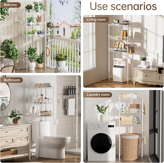 Golpart 3-Tier Over-The-Toilet Storage Shelf,Heavy-Duty Adjustable Bathroom Rack with 2 Mesh Baskets,Toilet Paper Holder & Hooks,Space-Saving Organizer for Bathroom,10”D x 24”W x 66”H,White
