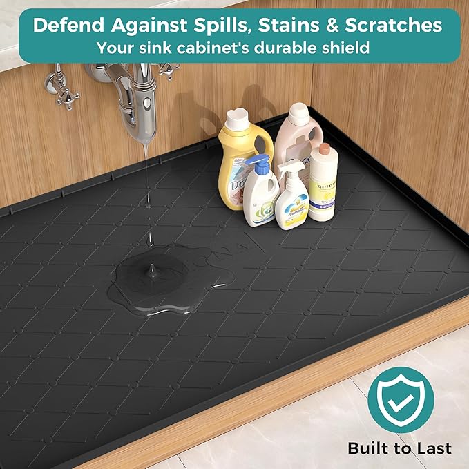 URMONA 28" x 22" Waterproof Silicone Mat in Multiple Sizes & Colors, Under Sink Mat for Kitchen & Bathroom, Pet Food Pad for Dogs & Cats, Kitchen Cabinet Liner, Multi-Purpose for Storage(Black)