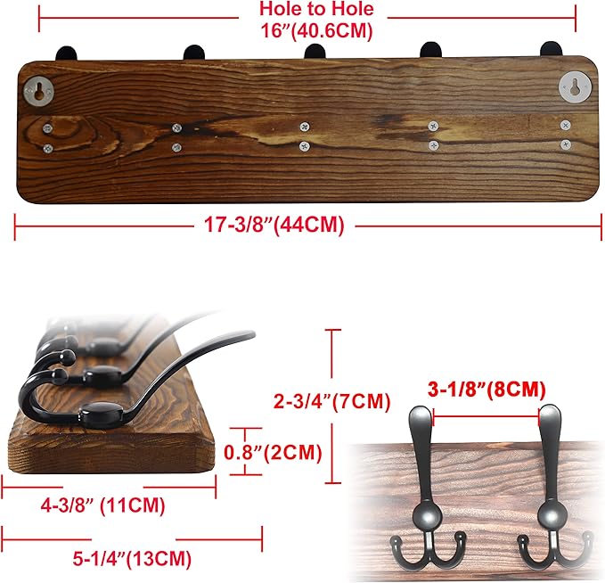 Dseap Coat Rack Wall Mounted - 5 Tri Hooks, Heavy Duty, Wooden Wall Coat Hanger Coat Hook for Clothes Hat Jacket Clothing, Natural & Black, 2 Packs
