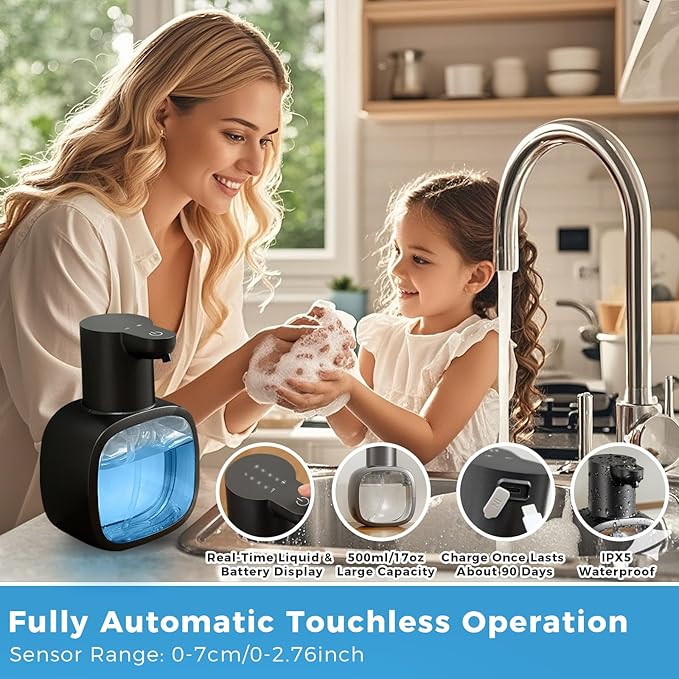 Automatic Liquid Soap Dispenser, 17oz/500ml Touchless Rechargeable with 4-Level Adjustable & IPX5 Waterproof - Level Display for Wall/Tabletop Use in Bathroom, Kitchen, Black