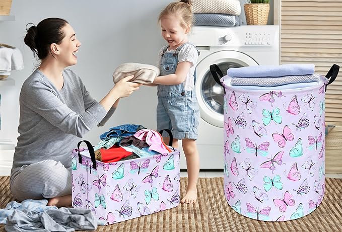 Kids Laundry Hamper Clothes Gift Basket Storage Laundry Baskets Organizer Bin with Handles for Nursery Room (Purple Butterfly)