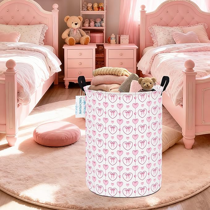 Laundry Basket Canvas Fabric Collapsible Organizer Basket for Storage Bin Toy Bins Gift Baskets Bedroom Clothes Children Nursery Hamper (Pearl Heart)