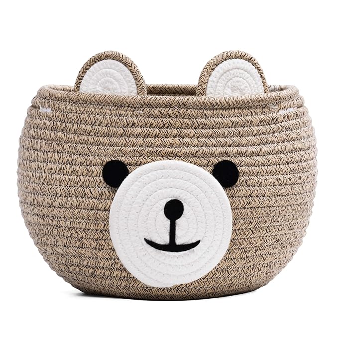 CherryNow Baby Basket for Nursery, Bear Gift Baskets for Kids, Baby Shower Basket with Handles, Small Cute Animal Baskets, Light Brown, 10.5"D x 8.5"H