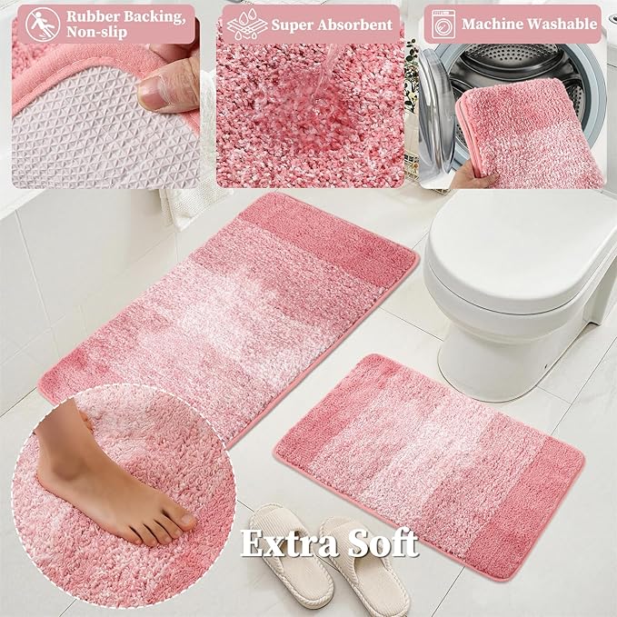 Bathroom Accessories Set, 25PCS Wicker Bathroom Accessory Set with Shower Curtain, Bath Mat, Soap Dispenser, Handwoven Trash Can & Ratten Tissue Box (Pink, Bath Set+Shower Curtain+Rugs)