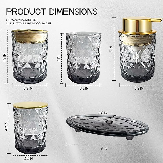 5PCS Bathroom Accessory Set,Black Bathroom Countertop Organizer Set with Soap Dispenser, Toothbrush Holder, Tumbler, Q-tip Holder & Soap Dish,Elegant Functional Glass Set, Gift for Home & Apartment