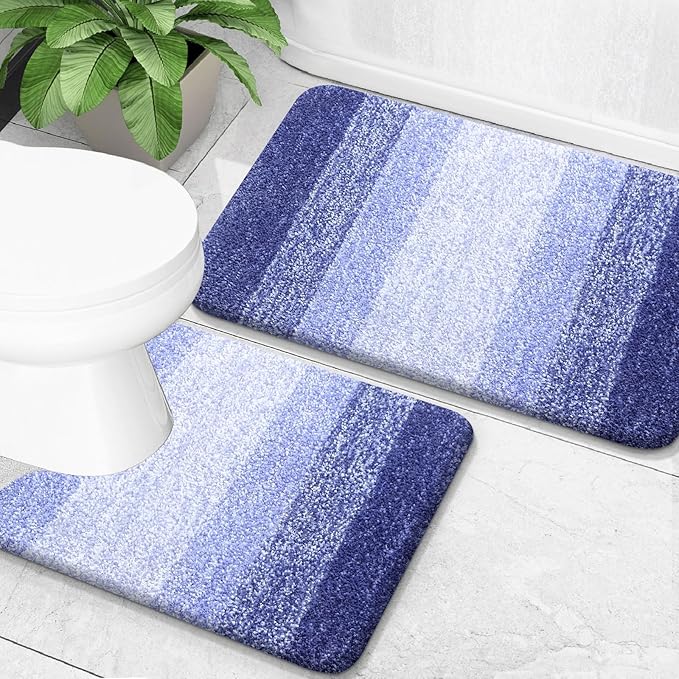 OLANLY Bathroom Rug Set 2 Piece, Soft Absorbent Microfiber Bath Mats and U-Shaped Contour Toilet Rug, Non-Slip, Machine Wash Dry, Plush Shaggy Bath Mats for Bathroom (30"x20"+24"x20", Blue-Violet)