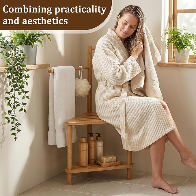 Threehoney 2 Tier 17" x 31" Bamboo Corner Shower Stool Shelf with Towel Bar for Bathroom Wood Foot Rest, Shower Storage Organizer Bench Caddy for Inside, Small Spaces Free Standing