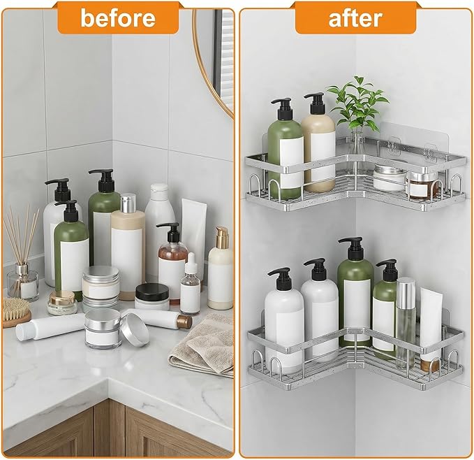 2 Pack Corner Shower Caddy, Adhesive Shower Organizer No Drilling Bathroom Shelves, Carbon Steel Storage Rack with 8 Hooks, Silver