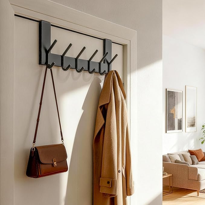 WEBI Over The Door Hooks Door Hanger:Over The Door Towel Rack with 6 Coat Hooks for Hanging,Towel Hanger Door Coat Hanger Door Coat Rack for Towels,Jacket,Clothes,Back of Bathroom,Black
