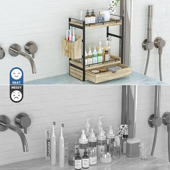 2-Tier Wood Bathroom Counter Organizer, Countertop Organizer with Drawer and Storage Basket, Bathroom Sink Organizer for Vanity, Skincare, Makeup, and Daily Essentials (Light Brown)