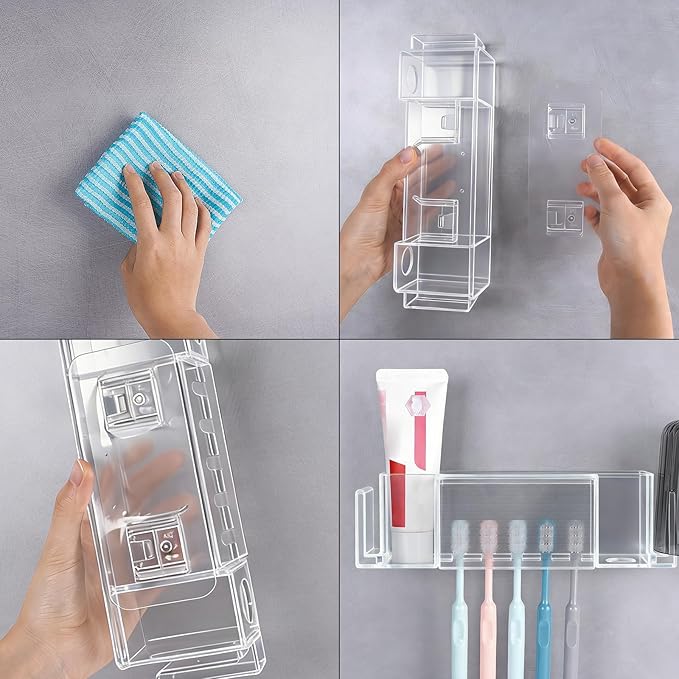 5 Slots Wall Mount Toothbrush Holder with Cover, Self Adhesive Toothbrush Storage Organizer for Shower, Toothpaste & Toothbrush Hanger for Bathroom, Medicine Cabinet, Dorm (Clear Large)