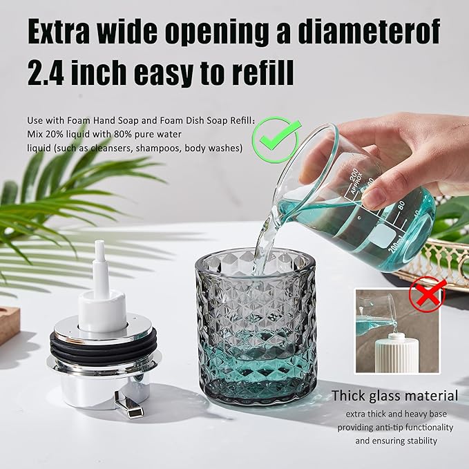 Malachi Foaming Hand Soap Dispenser, Refillable Clear Glass Foam Pump Bottle for Hand Soap, Dish Soap, Body Wash, Shampoo, Facial Cleanser & Baby Wash, Multi‑use for Bathroom, Kitchen & Commercial Use