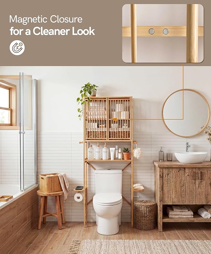 Afuly Bamboo Over the Toilet Storage Cabinet with Doors Bathroom Shelves Over Toilet Organizers and Storage, Above Toilet Shelf with Paper Holder, Phone Stand and Hooks, Space Saver (Natural)