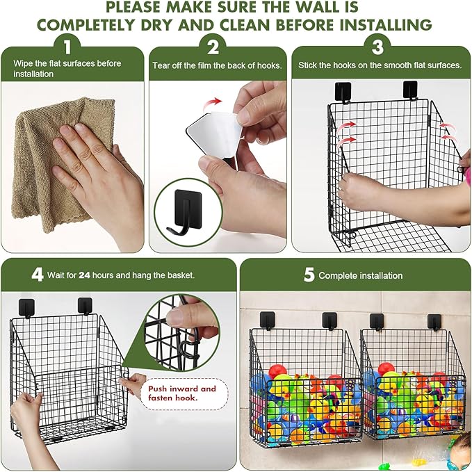 Greentainer 2 Pack Bath Toy Storage Organizer, Large Rustproof Metal Wire Basket, Foldable Wall Mounted Hanging Bathtub Toy Holder with Drainage, No Drill Adhesive Shower Caddy for Bathroom Tub