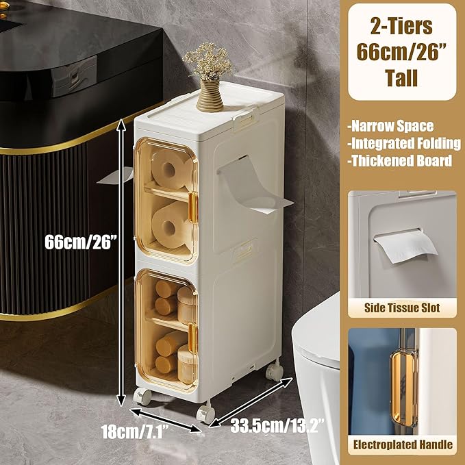 Slim Bathroom Storage Cabinet, Foldable & Movable Narrow Storage Organizer for Small Spaces, Bathroom, Kitchen, Laundry Room, Living Room (2-Tier)