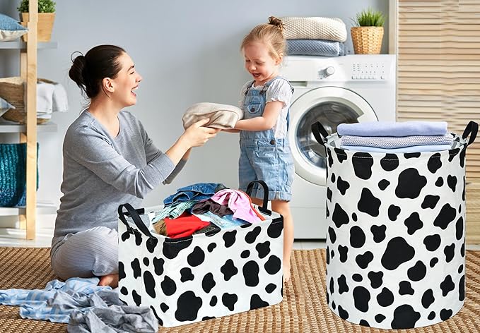 Kids Laundry Hamper Clothes Gift Basket Storage Laundry Baskets Organizer Bin with Handles for Nursery Room (Rould Cow pattern)