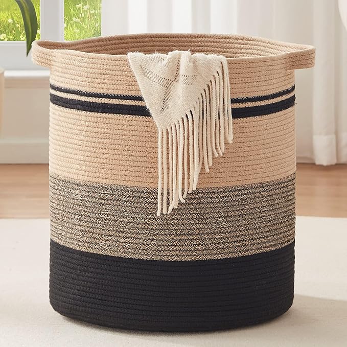 OIAHOMY 80L Laundry Baskets-Laundry Hamper,Storage Basket with Handles,Decorative Basket for Living room,Woven Storage Basket for Toys Bin,Pillows, Blankets,Clothes-20x18in-Yellow Black