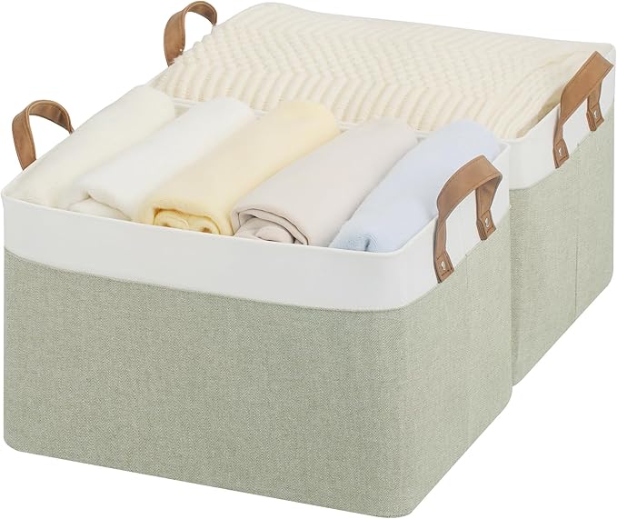 StorageWorks Storage Bins, Fabric Storage Bins for Shelves, Large Storage Baskets with Metal Frame, Closet Baskets and Bins with Handles, Green and White, 2-Pack