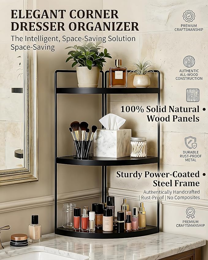 3-Tier Corner Bathroom Countertop Organizer, Solid Pine Wood Vanity Corner Shelf for Skincare & Makeup, Waterproof Standing Rack for Bathroom, Vanity, Kitchen & Dresser, Large 15.7"H, Black