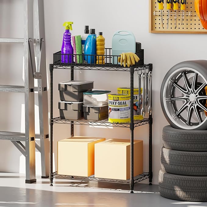 GOFLAME 3-Tier Metal Storage Shelving Unit, Heavy-Duty Adjustable Utility Shelf with V-Shaped Wire Rack, 450 LBS Storage Organizer for Home, Kitchen, Garage, Basement, 23.5”L x 13.5”W x 31”H