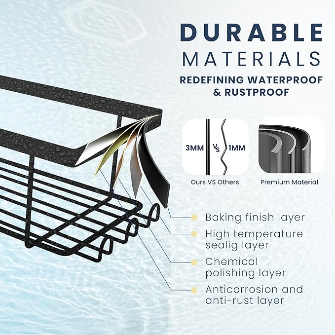 Sben Corner Adhesive Shower Caddy, Toothbrush Holder, Soap Holder and 12 Hooks, 4 Pack, Rustproof Material, Bathroom Organizer, No Drilling Rack (Black)