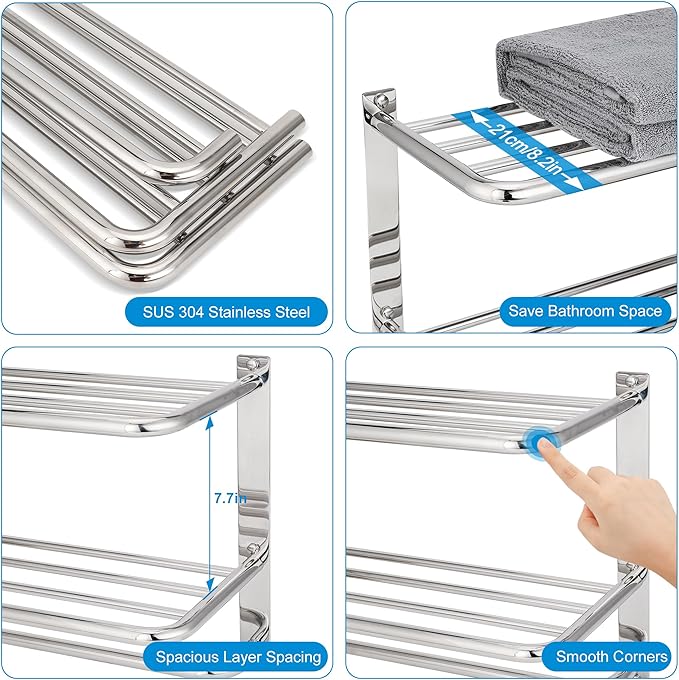 Towel Rack for Bathroom, DEWVIE 23 Inch Tower Holder with Tower Bars, SUS 304 Stainless Steel Lavatory Bath Towel Shelf Towel Hanger Wall Mount, 3-Tier (Brushed Nickel)