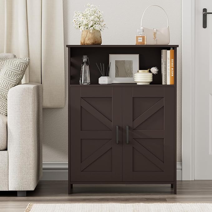 Homhedy Farmhouse Bathroom Storage Cabinet with 2 Doors, Toilet Paper Cabinet with Adjustable Shelves, Small Bathroom Cabinet for Kitchen/Laundry/Living Room, 11.8 x 23.6 x 31.5 Inches, Brown