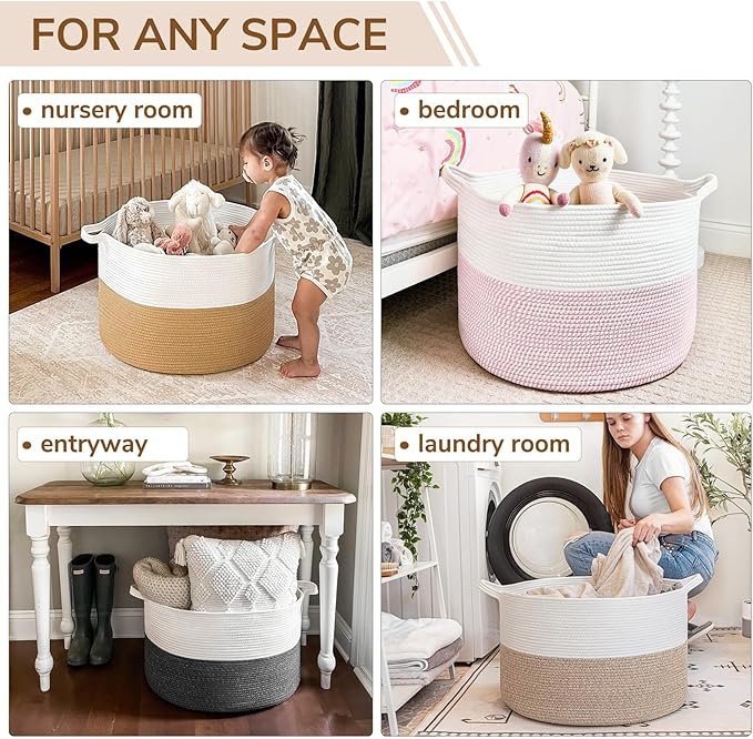 INDRESSME Large Laundry Basket, 21.7'' x 13.8'' Cotton Rope Blanket Basket Living Room Toy Baskets Storage Kids, Woven Baskets for Dirty Clothes, Pillows, Towel, 90L Light Brown
