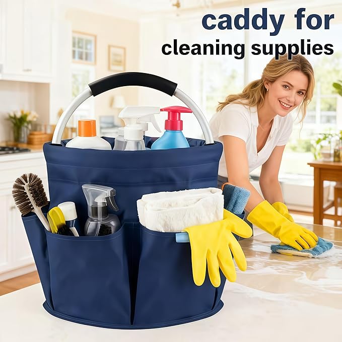 17L Collapsible Cleaning Caddy with Handle - Heavy Duty Oxford Cleaning Supplies Organizer - Multi-Pocket Foldable Storage Bucket for Housekeeping, Car Wash, Gardening & Camping (Navy Blue)