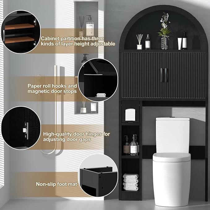 AHB Over The Toilet Storage Cabinet, Freestanding Bathroom Organizer with Adjustable Shelf and Anti-Tip Device, Arched Cabinet with Doors, Space-Saving Toilet Storage for Bathroom, Laundry, Mini Bar