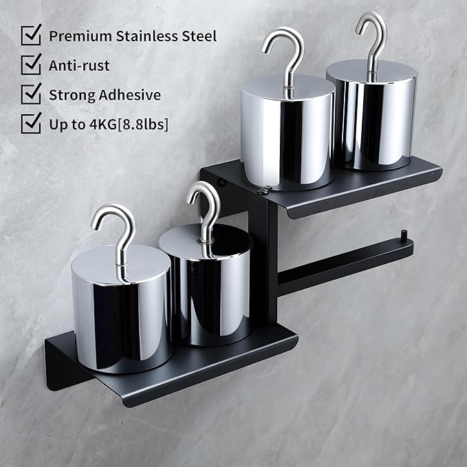 Adhesive Toilet Paper Holder with Double Shelf, No Drilling Wall Mount Toilet Tissue Roll Holder, Rustproof & 304 Stainless Steel Bathroom Storage Dispenser