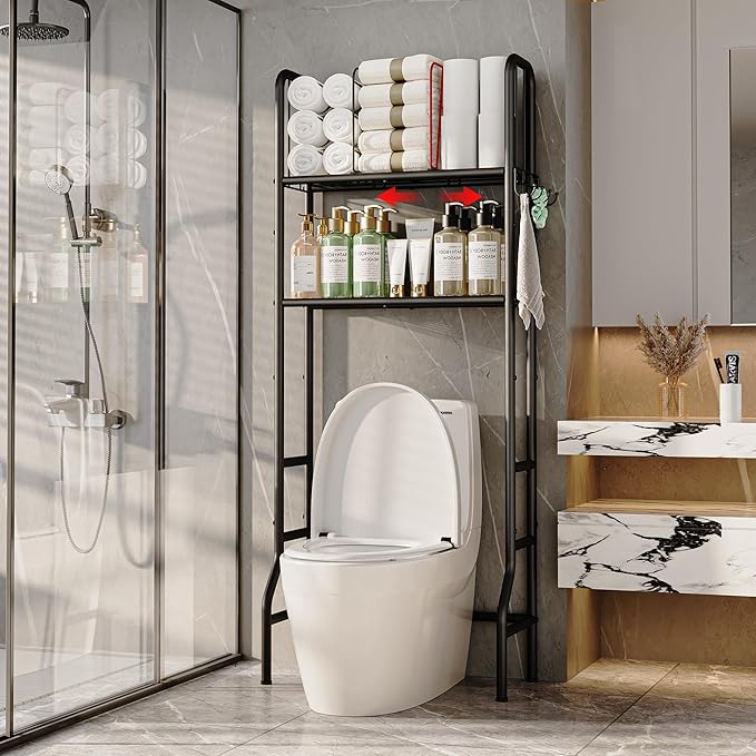 Jautokerdar Over-the-Toilet Storage Rack – Metal Towel Storage with Removable Dividers, Adjustable Shelf & Hooks, Black Over the Toilet Storage Organizer, Over Toilet Shelves for Towels & Toiletries