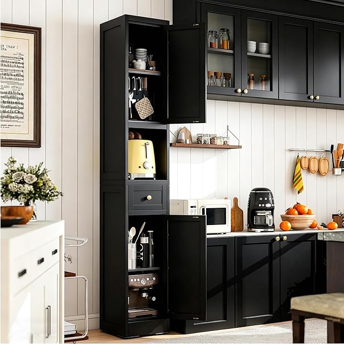 71 Inch Tall Narrow Bathroom Storage Cabinet, Slim Metal Freestanding Floor Cabinet with Doors, Adjustable Shelves, Drawer & Open Shelf, Bathroom Organizer for Small Spaces, Black