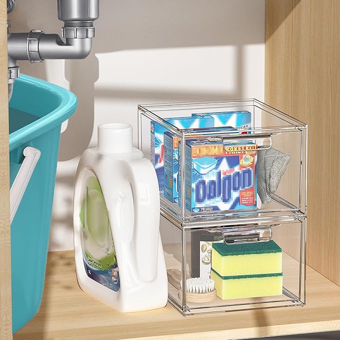 SpaceHacks 3 Pack Stackable Makeup Organizer and Storage, Acrylic Organizers，Clear Plastic Storage Drawer with Handles for Vanity, Undersink, Kitchen Cabinets, Pantry
