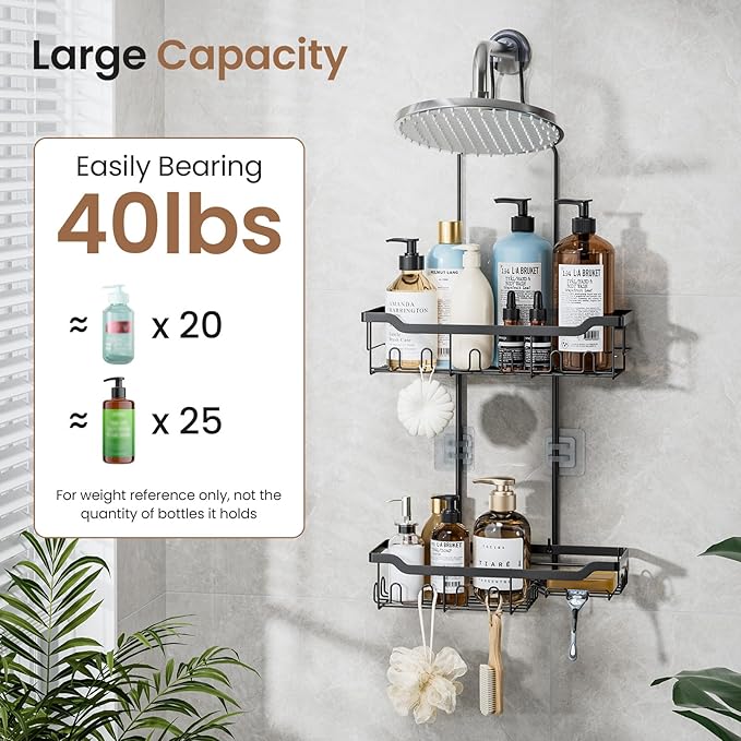 Skyapex Shower Caddy Hanging, Adjustable Height 2-Tier Shower Organizer Over Showerhead, Rust-Resistant Stainless Steel Shower Rack with 15 Hooks, Heavy Duty Anti-Swing Bathroom Storage, Black