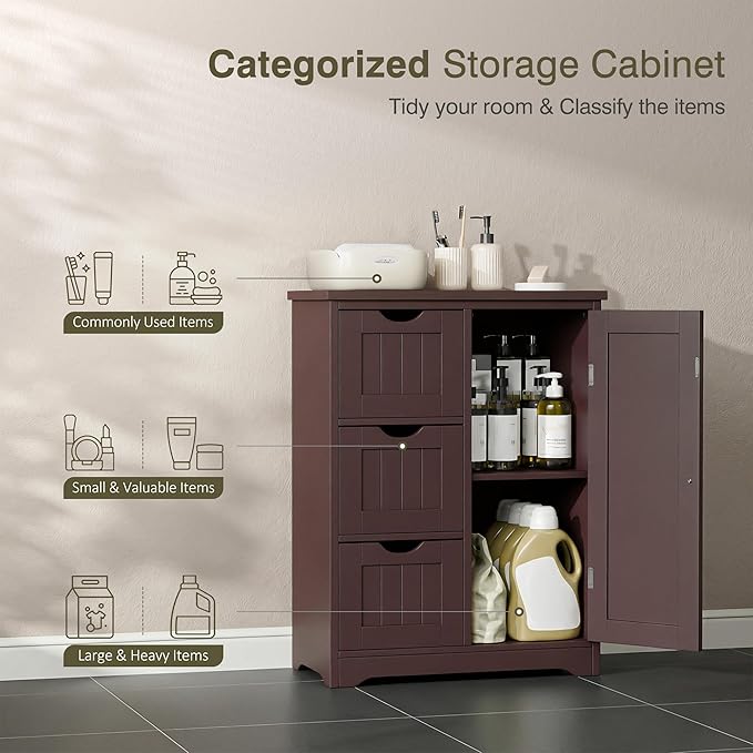 SUPER DEAL Bathroom Storage Cabinet with 3 Drawers and 1 Door, Entryway Home Decor Furniture Towels Storage Organizer Unit, Brown
